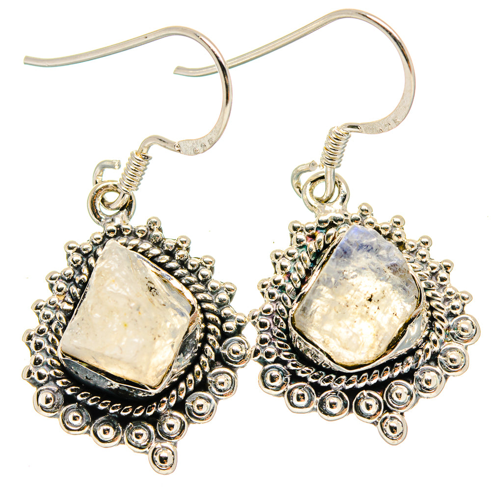 Sterling silver drop earrings with iridescent moonstone in ornate scalloped bezel
