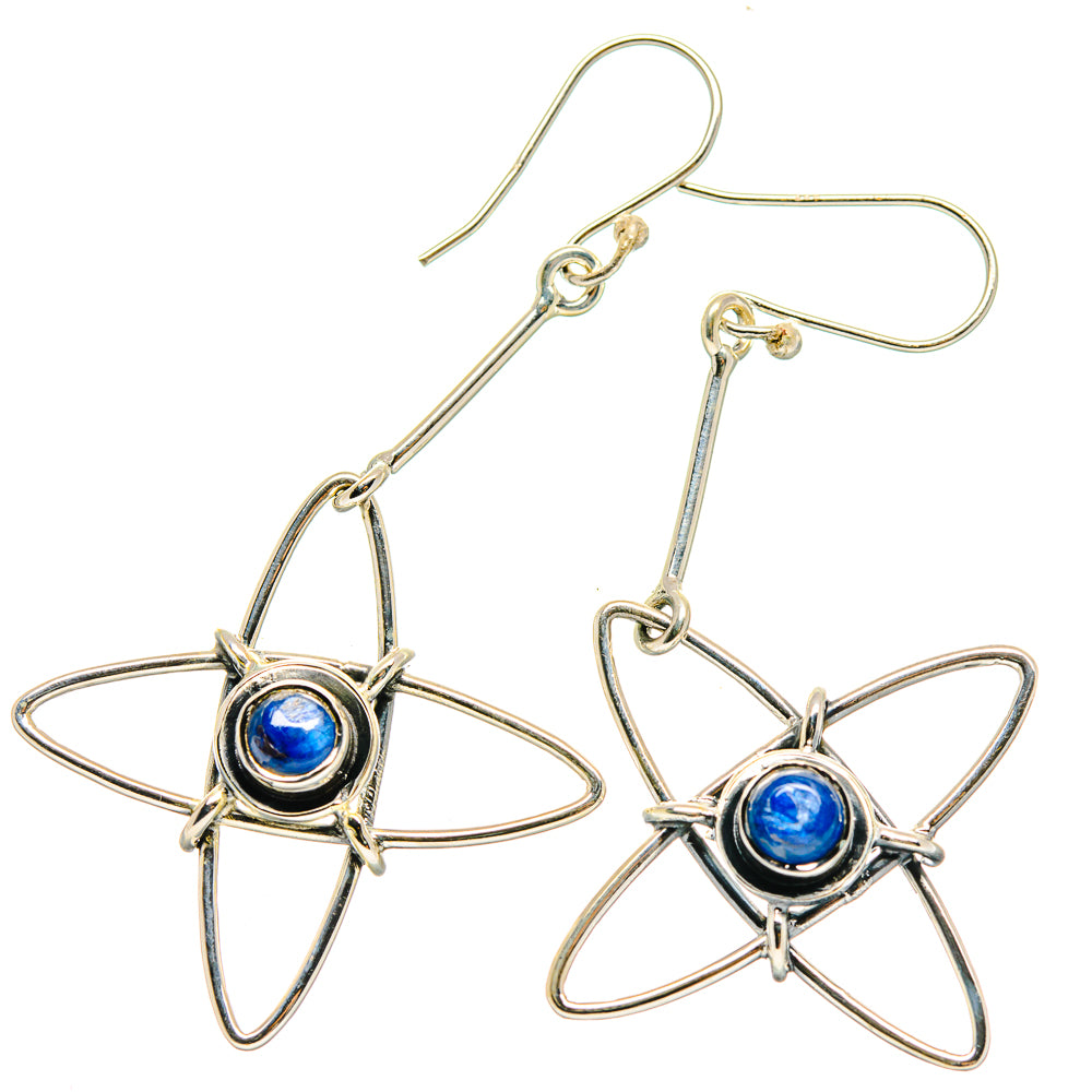 Sterling silver drop earrings with blue round cabochon and four-loop star design