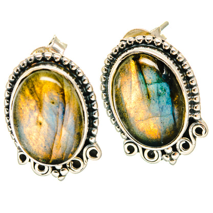 Oval labradorite stud earrings in ornate 925 sterling silver bezel, scalloped edges