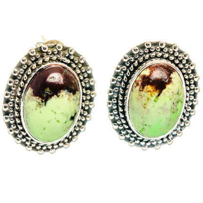 Oval chrysoprase earrings in 925 sterling silver, textured beaded frame, pair view