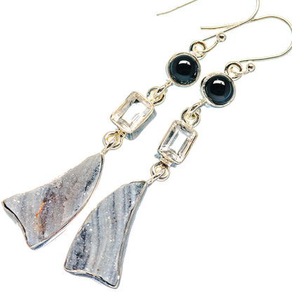 Silver hook earrings with black onyx discs and druzy quartz drop accents