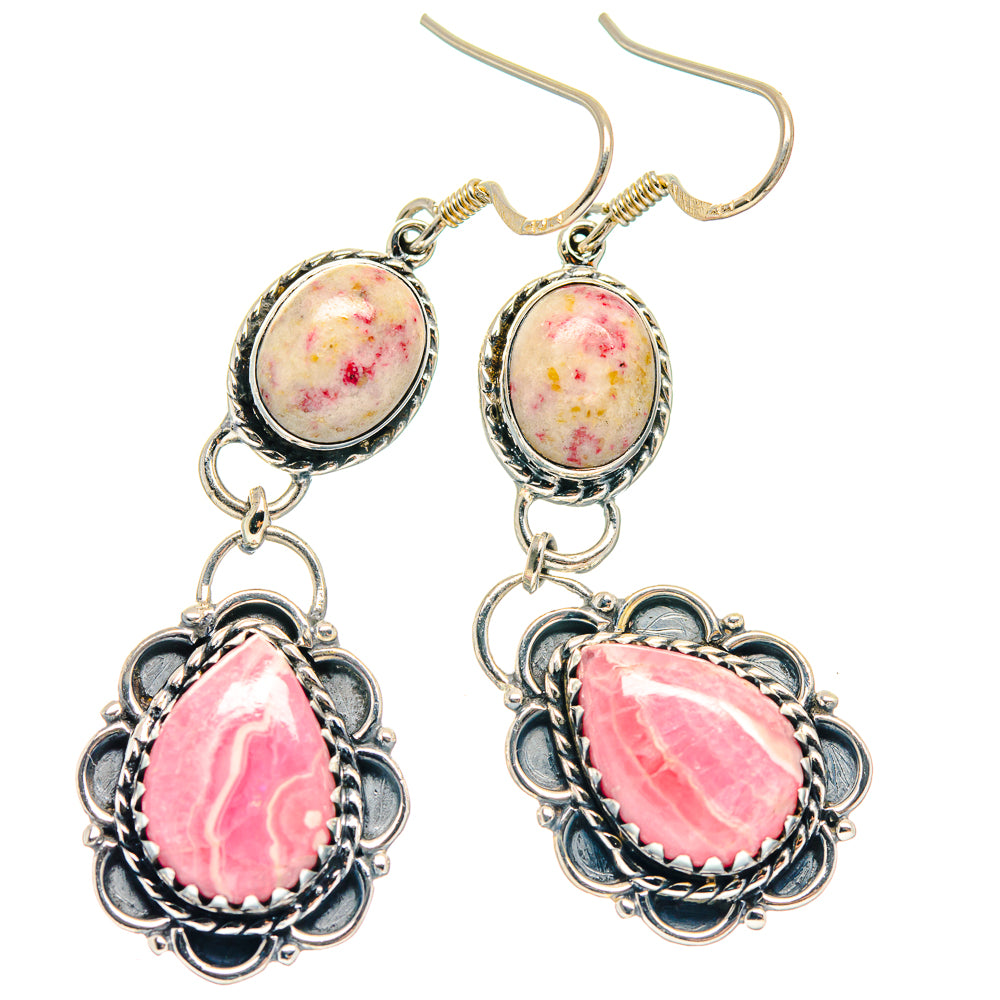 Sterling silver drop earrings with pink speckled oval and teardrop cabochon stones, hook style.