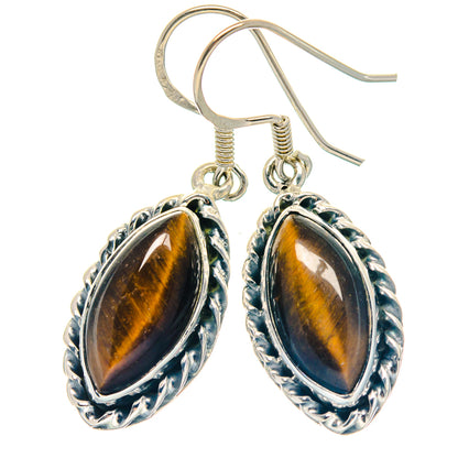 Oval tiger eye drop earrings with 925 sterling silver scalloped bezel and fishhook backs