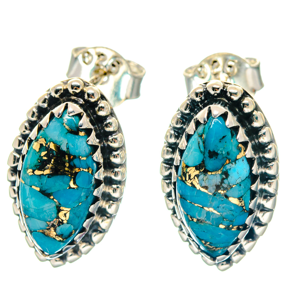Turquoise oval gemstone stud earrings with ornate silver-tone bezel and rope border