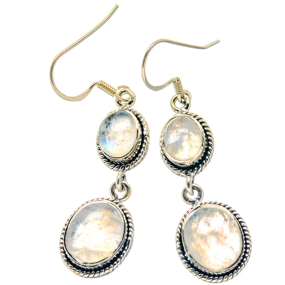 925 sterling silver oval rainbow moonstone drop earrings with ornate halos