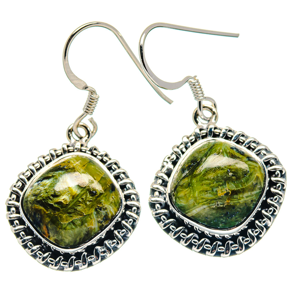Pair of round green opal drop earrings, 925 sterling silver with carved border