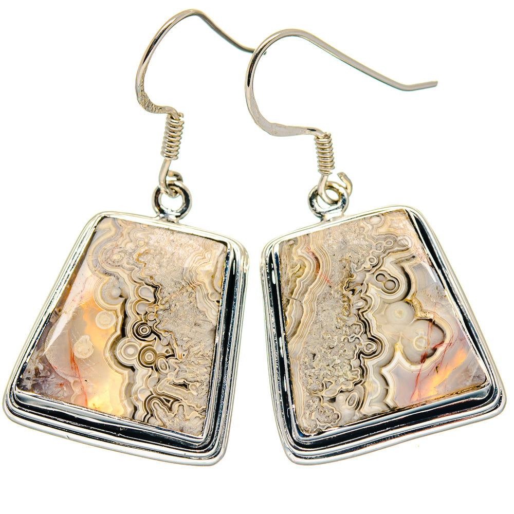 Pair of sterling silver lace agate drop earrings, faceted square stones in silver frames
