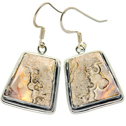 Pair of sterling silver lace agate drop earrings, faceted square stones in silver frames