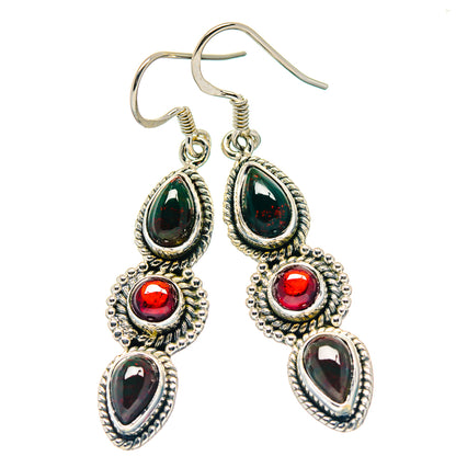 925 sterling silver drop earrings with green teardrop and red cabochon stones, hook backs