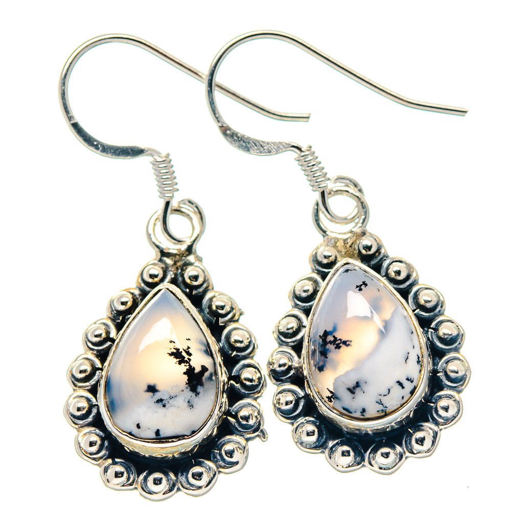 Silver teardrop dendritic opal earrings with beaded halo and fishhook closures