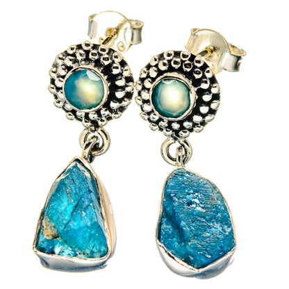 Aqua chalcedony earrings in ornate halo settings with teardrop dangles