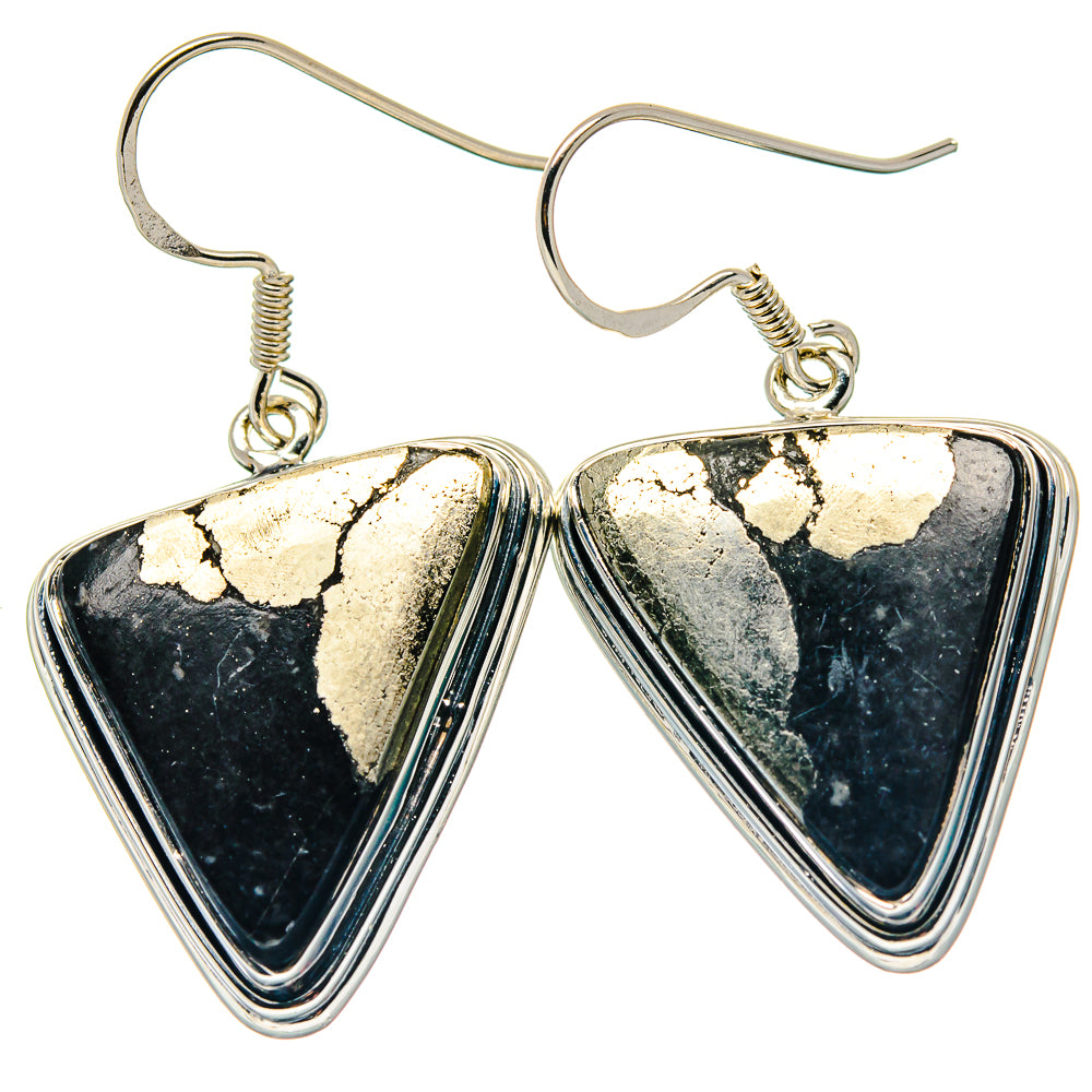 Triangular black onyx and pyrite drop earrings, silver-tone triangular frames, hook backs
