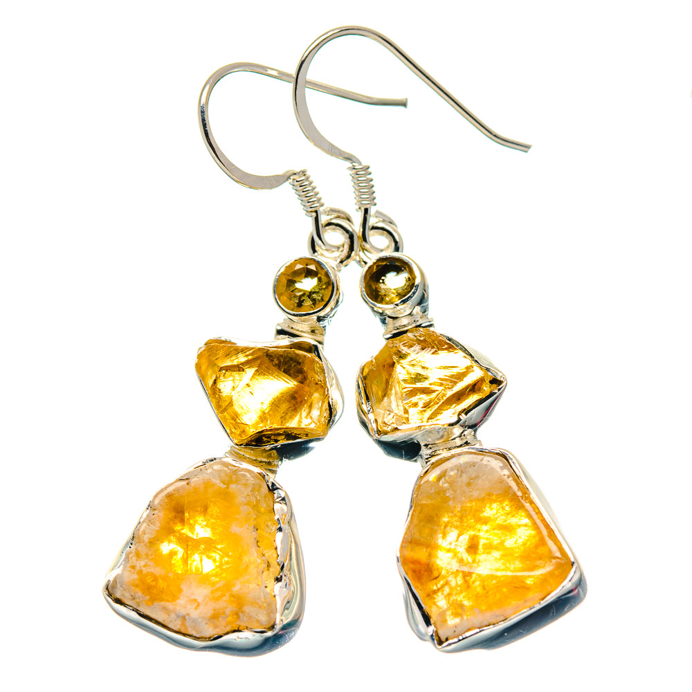 Rough citrine dangle earrings with sterling silver hooks and three yellow stones per side