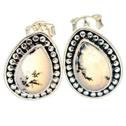 Sterling silver teardrop opal earrings, ornate beaded border, dendritic tree cabochon backs