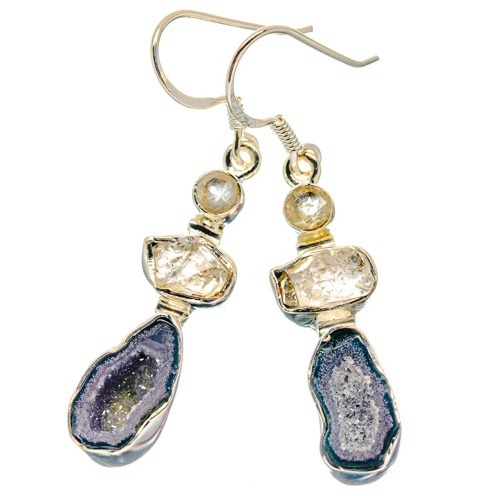 925 sterling silver drop earrings with clear quartz and navy-blue druzy stones