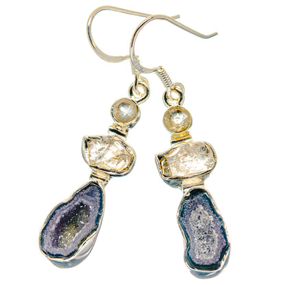 925 sterling silver drop earrings with clear quartz and navy-blue druzy stones