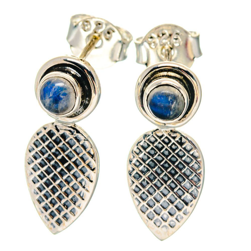 Sterling silver earrings with round blue moonstone and crosshatch teardrop dangles