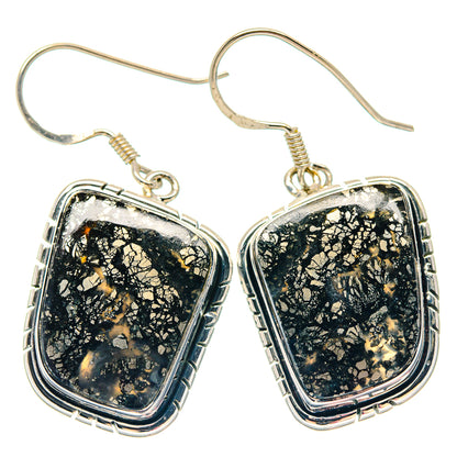 Sterling silver pyrite agate earrings, square black stones with gold flecks