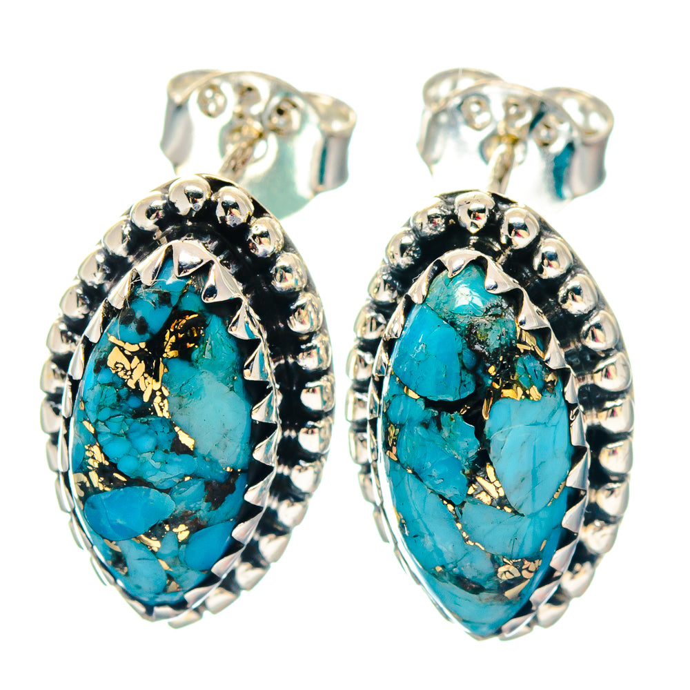 Pair of turquoise oval stud earrings with gold veining and textured silver-tone borders