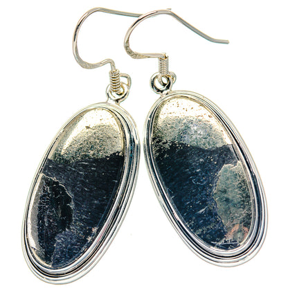 Oval pyrite agate drop earrings with 925 sterling silver hooks, gold speckled stone