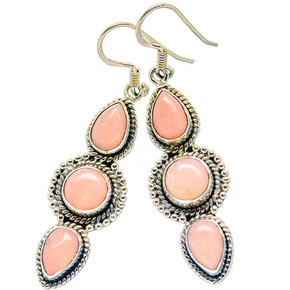Pink opal earrings with ornate halo bezels and fishhook backs, 925 sterling silver