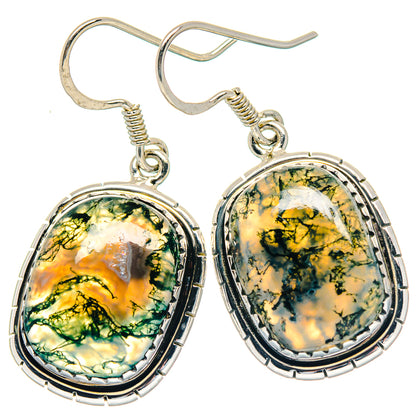 Oval green and gold moss agate drop earrings on 925 sterling silver hooks