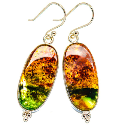 Sterling silver oval bloodstone drop earrings with green–gold–rust marbled center