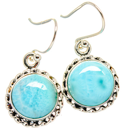 925 sterling silver larimar drop earrings with round blue cabochon and ornate bezel