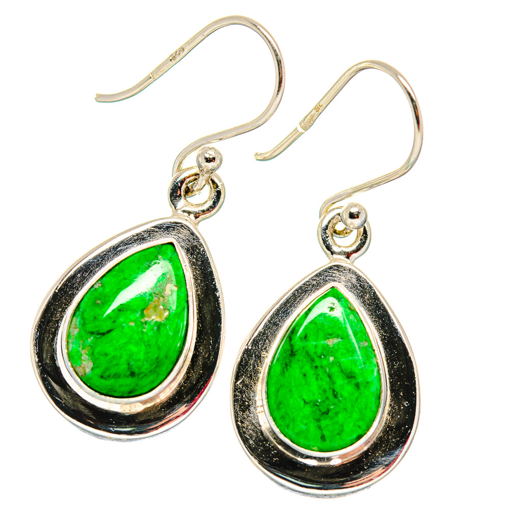 Teardrop silver earrings with bright green drop gemstone, black frame, circular top loops