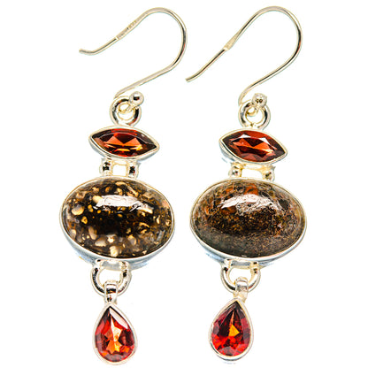 Garnet and dinosaur-bone drop earrings in 925 sterling silver, teardrop stones