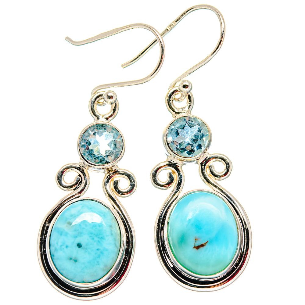 925 sterling silver dangle earrings with round blue topaz and oval larimar stones