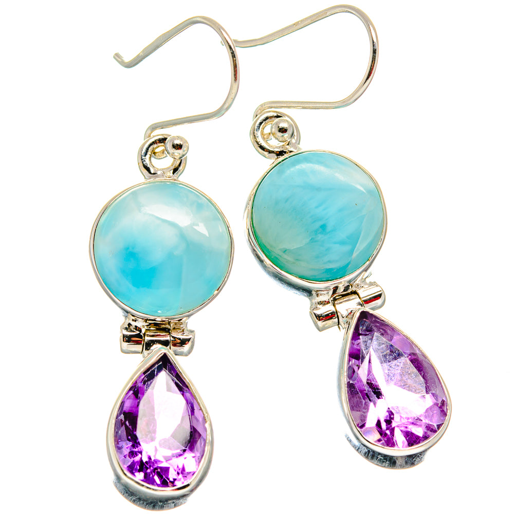 Sterling silver hoop-style hooks with Larimar-like blue rounds and amethyst teardrops