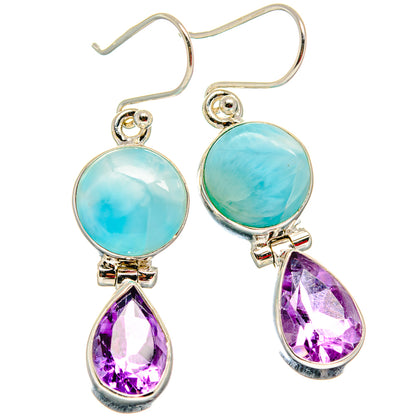 Sterling silver hoop-style hooks with Larimar-like blue rounds and amethyst teardrops