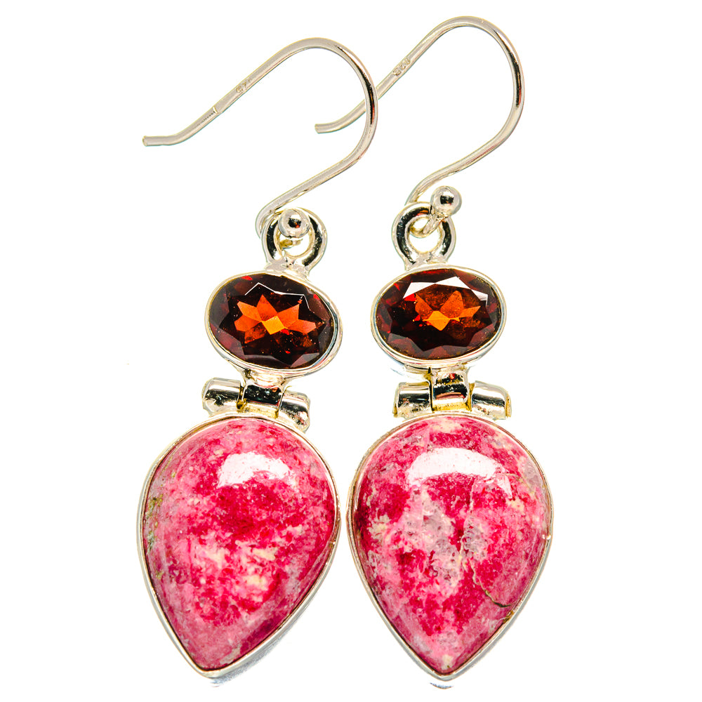 Sterling silver drop earrings with dark red garnet and pink teardrop stones