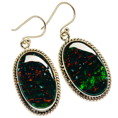 Oval bloodstone drop earrings in 925 sterling silver, green-red speckled stones