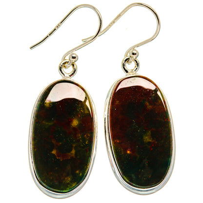 Sterling silver oval bloodstone cabochon drop earrings with French hook closures