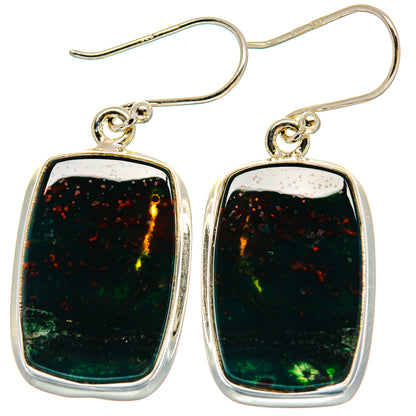 Sterling silver bloodstone drop earrings with faceted dark red-green stone in bezel
