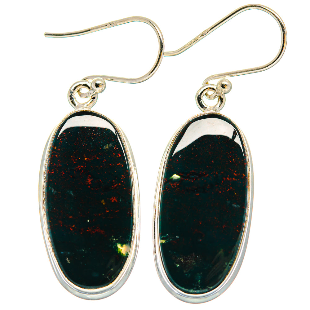 925 sterling silver bloodstone drop earrings, oval dark green stone bezel