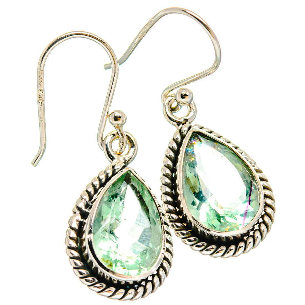 Green fluorite teardrop earrings in 925 sterling silver with rope bezel and hooks