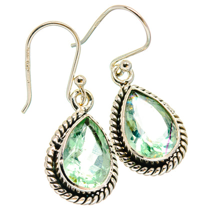Green fluorite teardrop earrings in 925 sterling silver with rope bezel and hooks