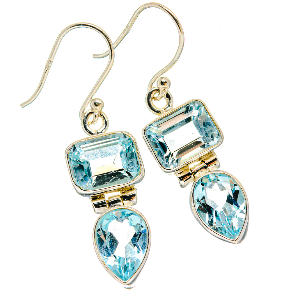 925 sterling silver blue topaz drop earrings: square and teardrop stones with gold accents