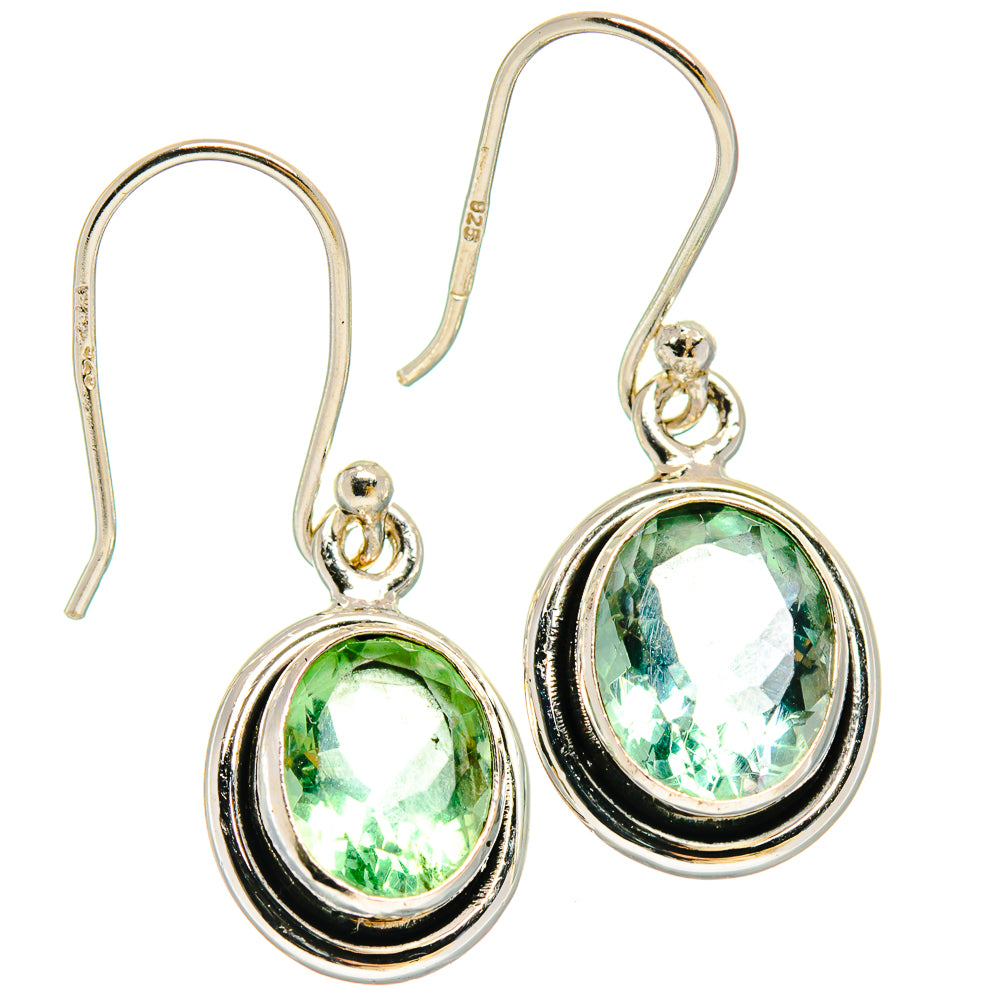 Green fluorite oval drop earrings, 925 sterling silver with hook backs and dark bezel