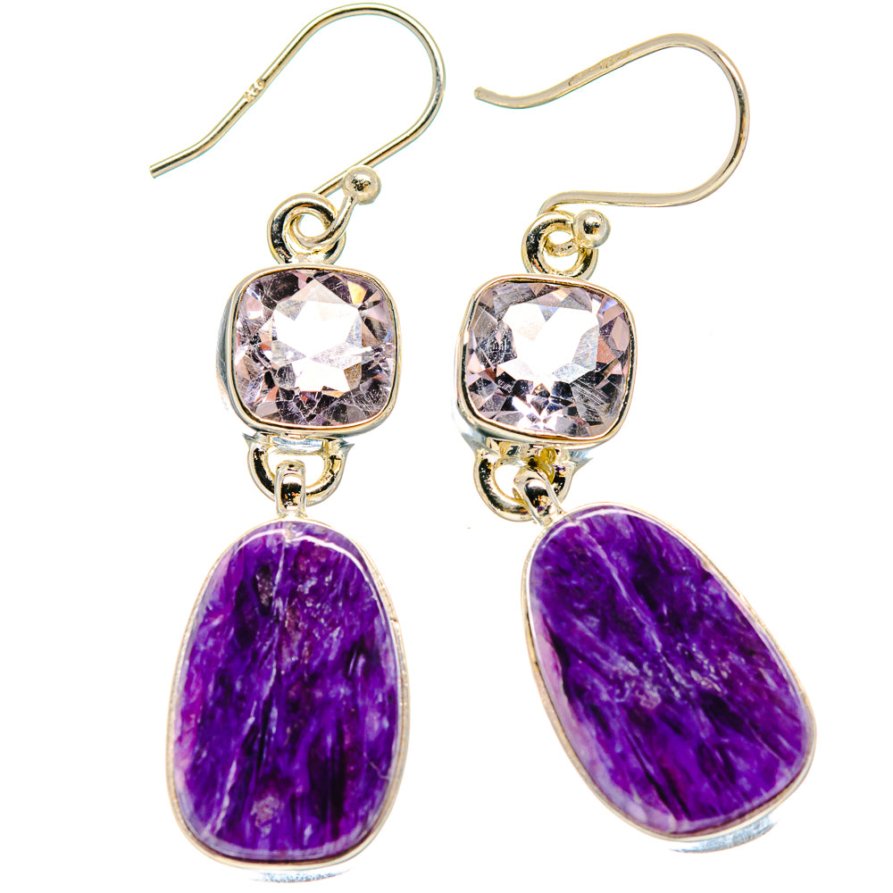 Silver drop earrings with square pink top stones and purple oval charm stones