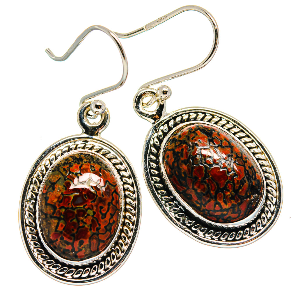 925 sterling silver oval dangle earrings with ornate frame and red-orange speckled center