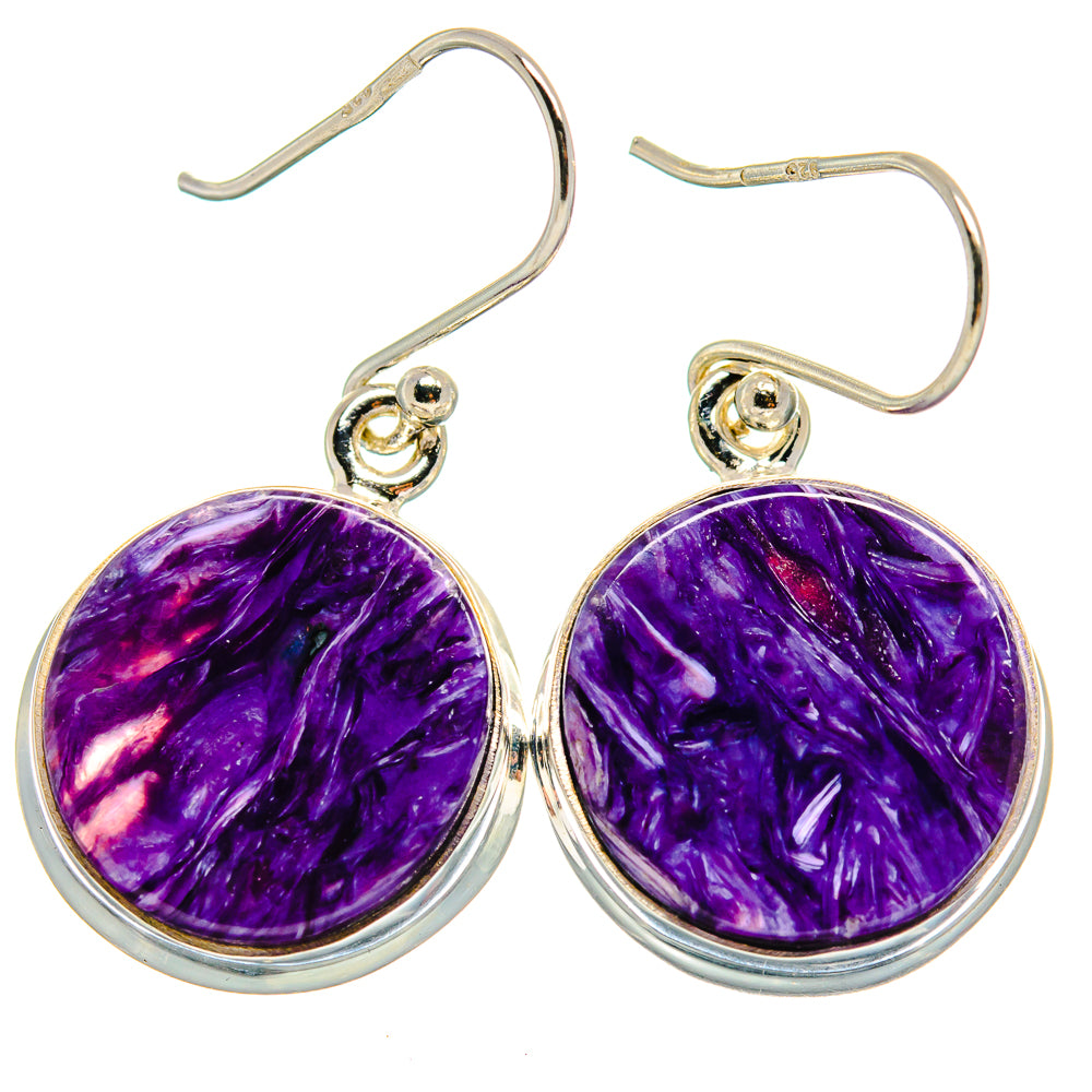 Round purple charoite cabochon drop earrings in 925 silver, fishhook-style