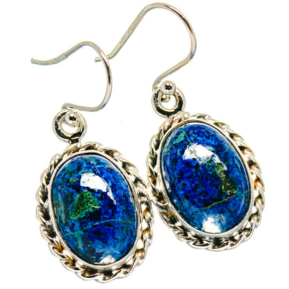 Sterling silver earrings with oval blue azurite cabochons, decorative round frames