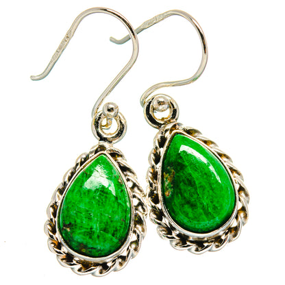 Green teardrop stone drop earrings in 925 sterling silver with scalloped bezel and hooks