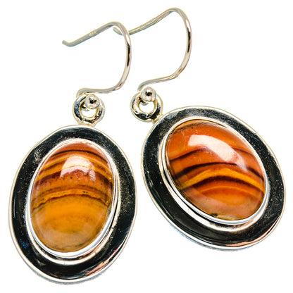 925 sterling silver picture jasper drop earrings, oval orange-brown stone in black bezel