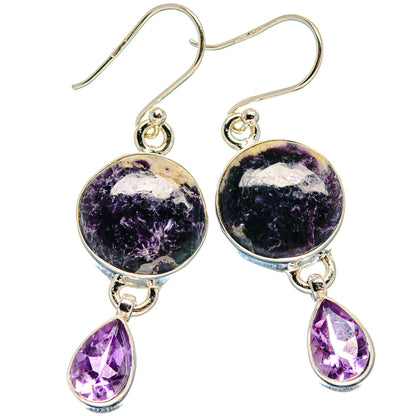 Sterling silver amethyst earrings with round purple stone and teardrop amethyst drops