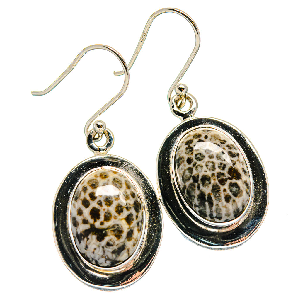 Pair of oval sterling silver drop earrings with coral-like patterned cabochon bezels